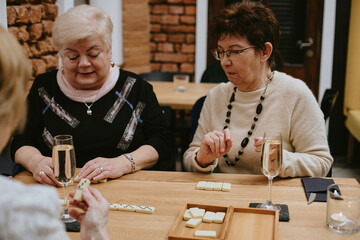 Two smiling and serious senior dark-haired, fair-haired women sit at table with glasses of...