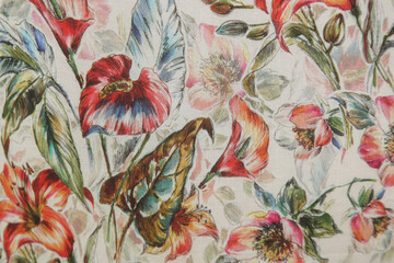 Fragment of colorful floral pattern on textile