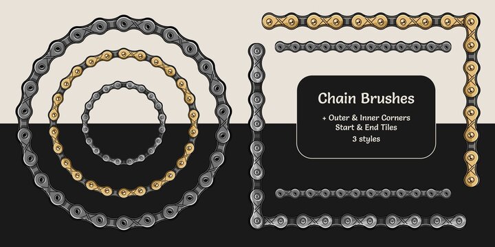 Set of bike chain pattern brushes with corners, end and start tiles. For vintage design of logo, emblem, symbol, sign, badge, label, stamp. Isolated on white and black background