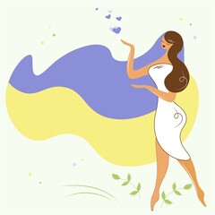 Ukrainian girl with long flag-colored hair. A beautiful woman gives and distributes hearts. Vector flat illustration for design card, banner, page stylish design.