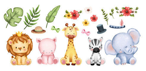 Watercolor Safari animals and elements  © Stella