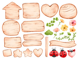 Watercolor set of Wooden signs and floral elements  © Stella