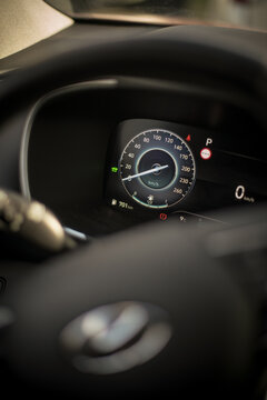 Digital dashboard of a new car, showing speedometer