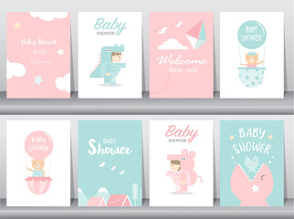 Fototapeta na wymiar Set of baby shower invitation cards,happy birthday,poster,template,greeting,cute,animal,Vector illustrations.
