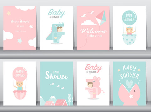 Set of baby shower invitation cards,happy birthday,poster,template,greeting,cute,animal,Vector illustrations.