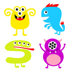 Happy Halloween. Monster icon set. Kawaii cute funny cartoon baby character. Colorful face body silhouette. Eyes, horn, fang teeth tongue. Sticker print. Flat design. White background.