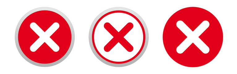 Three different red crosses, symbol for refusal, cancel or denial, isolated on white background