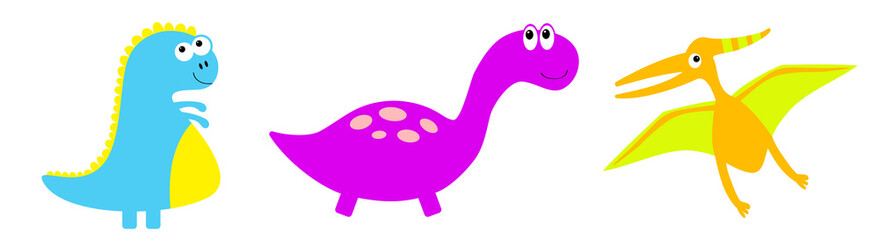 Dinosaur icon set. Cute cartoon funny kawaii baby animal. Dino baby character. Colorful sticker. Flat design. Violet and pink color. White background. Isolated.