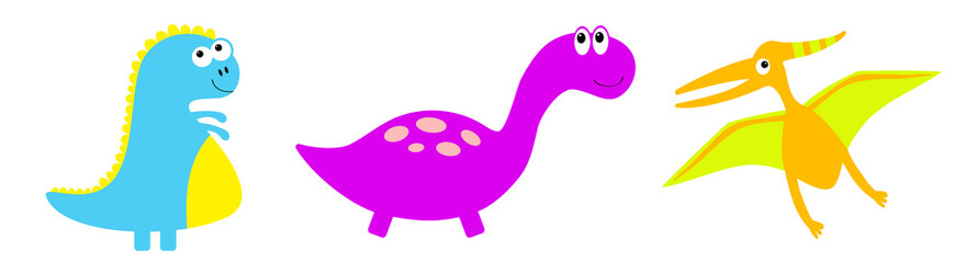 Dinosaur icon set. Cute cartoon funny kawaii baby animal. Dino baby character. Colorful sticker. Flat design. Violet and pink color. White background. Isolated.