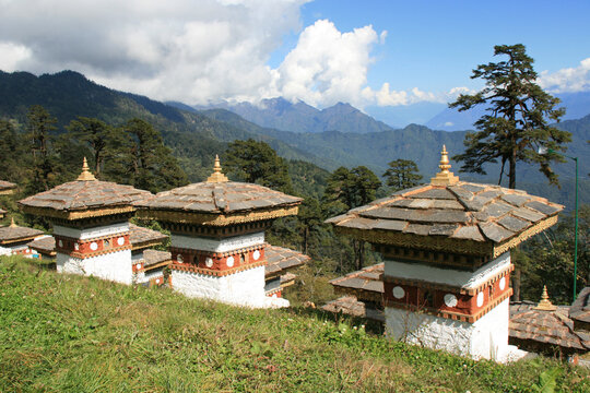 buddhist monument (druk wangyal chortens) at dochula pass in bhutan