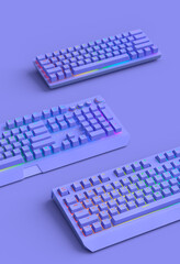 Top view of gamer workspace and gear like keyboards on purple background