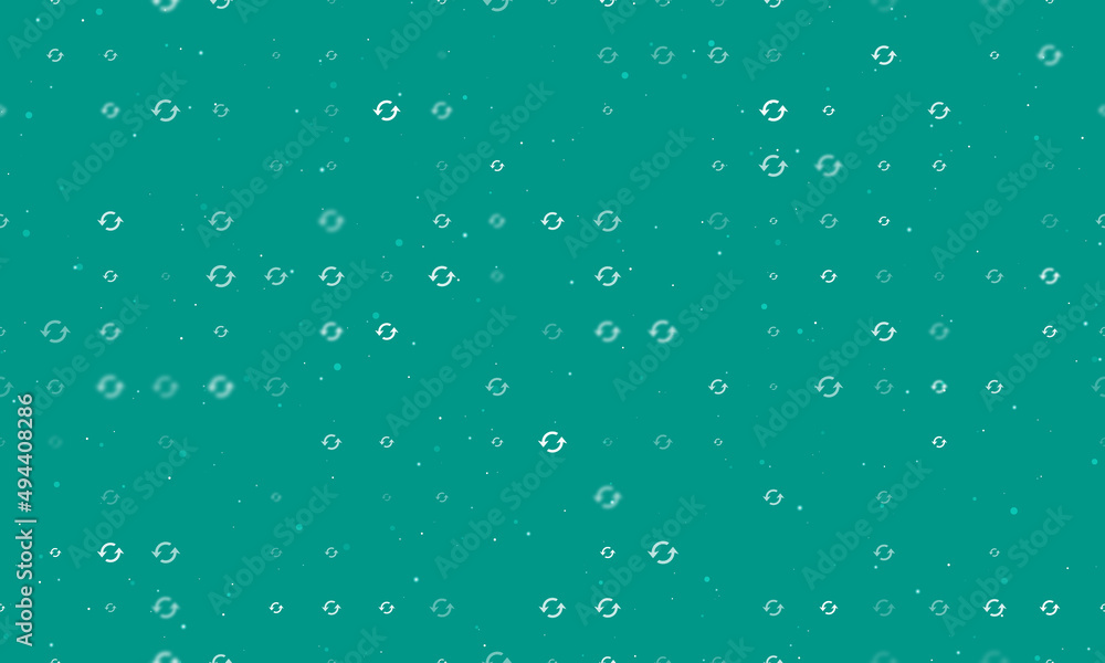 Poster seamless background pattern of evenly spaced white refresh symbols of different sizes and opacity. v
