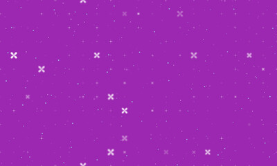 Seamless background pattern of evenly spaced white abstract star symbols of different sizes and opacity. Vector illustration on purple background with stars