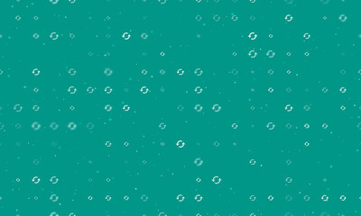 Seamless background pattern of evenly spaced white refresh symbols of different sizes and opacity. Vector illustration on teal background with stars