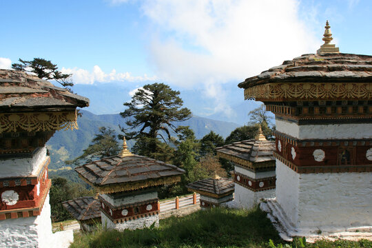buddhist monument (druk wangyal chortens) at dochula pass in bhutan