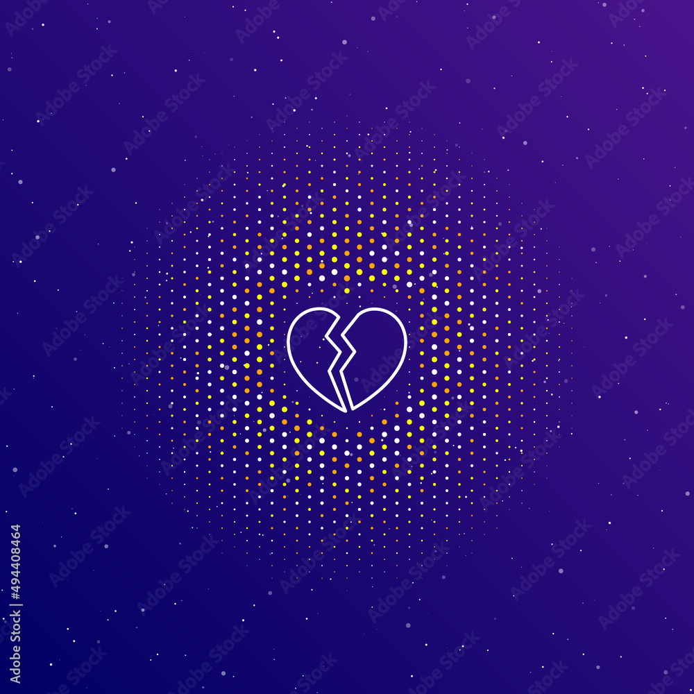 Poster a large white contour broken heart symbol in the center, surrounded by small dots. dots of different