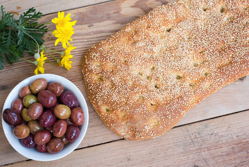 Bread with sesame, without dough, Greek traditional bread called lagana, for the Clean Monday
