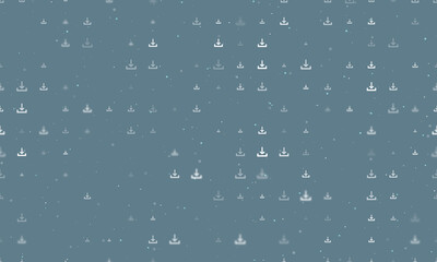 Seamless background pattern of evenly spaced white download symbols of different sizes and opacity. Vector illustration on blue gray background with stars