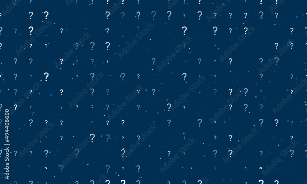 Poster seamless background pattern of evenly spaced white question symbols of different sizes and opacity. 