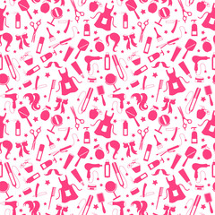Seamless pattern on the theme of the Barber shop, the tools and accessories of the hairdresser, a simple contour icons, pink silhouettes icons on a white background 