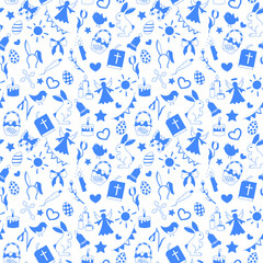 Seamless pattern with simple contour icons on a theme the holiday of Easter , blue silhouettes icons on a white background 