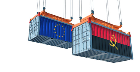Cargo containers with European Union and Angola flags. 3D Rendering