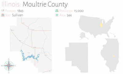 Large and detailed map of Moultrie county in Illinois, USA.