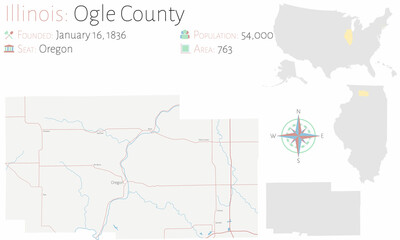 Large and detailed map of Ogle county in Illinois, USA.