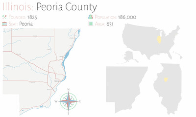 Obraz premium Large and detailed map of Peoria county in Illinois, USA.