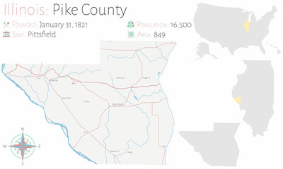Large and detailed map of Pike county in Illinois, USA.