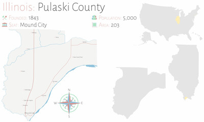 Large and detailed map of Pulaski county in Illinois, USA.
