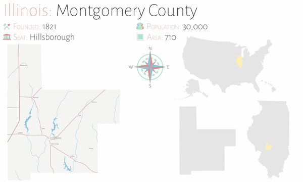 Large and detailed map of Montgomery county in Illinois, USA.