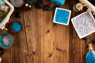 Spa accessories on wooden paneling. Spa treatments.