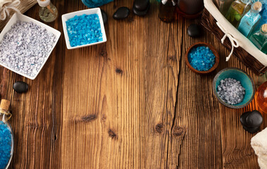 Spa accessories on wooden paneling. Spa treatments.