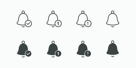 notification bell icon vector set. ring, alarm, alert, hand bell, reminder symbol