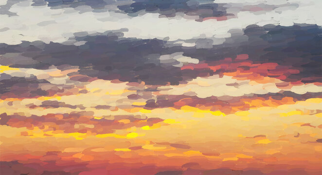 Abstract oil painting evening sky in beige and bright colors. Colored clouds. Contemporary art random paint strokes in warm colors. Abstract painting vector illustration. Painting sky with deep color.