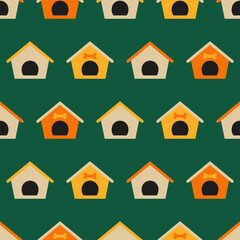 Colorful dog house seamless pattern with green background.