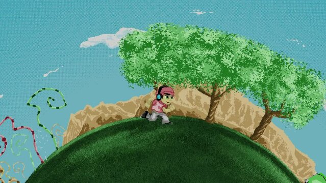 Animated video of the day running boy on a green grass field passing through an urban street. morning exercise for health. animated video with moving circular concept