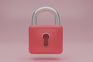 3D render pink Padlock icon  isolated on pink background. minimal red lock. 3d render illustration