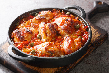 Rustic style chicken baked with a sauce of tomatoes, peppers, onions and garlic close-up in a frying pan on a cutting board. horizontal