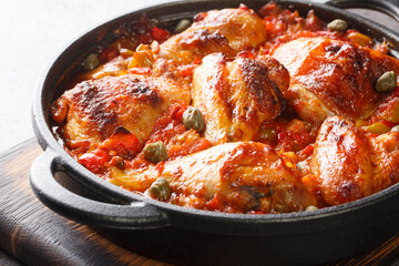 Pieces of chicken baked with a sauce of tomatoes, peppers, onions and garlic close-up in a frying pan on the table. horizontal