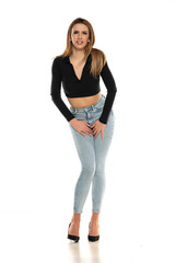 Young woman pressed her hands to the lower abdomen. Medical concept.