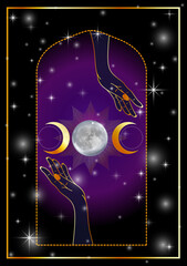 Mystic Hands of triple moon Goddess blessing a magic ritual 