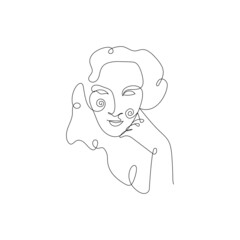 Female face single line drawing. Portrait of young beautiful girl line art.