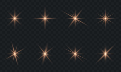 Bronze Flare Sparkle Star on Transparent Background. Gold Light Beam Shine Effect. Bokeh Glare Shiny Sparkle. Bronze Burst Illuminated Flare. Gleam Glitter Festive Set. Isolated Vector Illustration