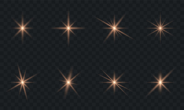 Bronze Flare Sparkle Star on Transparent Background. Gold Light Beam Shine Effect. Bokeh Glare Shiny Sparkle. Bronze Burst Illuminated Flare. Gleam Glitter Festive Set. Isolated Vector Illustration