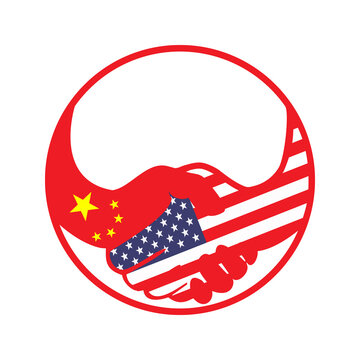 Handshake logo. Flags of USA and China. Economic cooperation. Partnership, frienship. Vector illustration. EPS10.