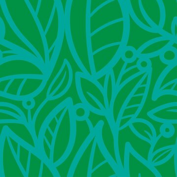 Seamless pattern with different leaves on green background. Vector print with plants.