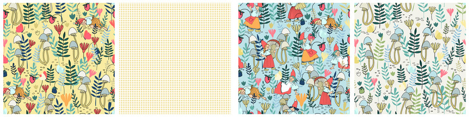 Seamless patterns set with funny female gnome gathering berries, mushrooms, flowers. Fairy tale elf girls in red hats and wooden shoes in the forest. Vector illustration for children