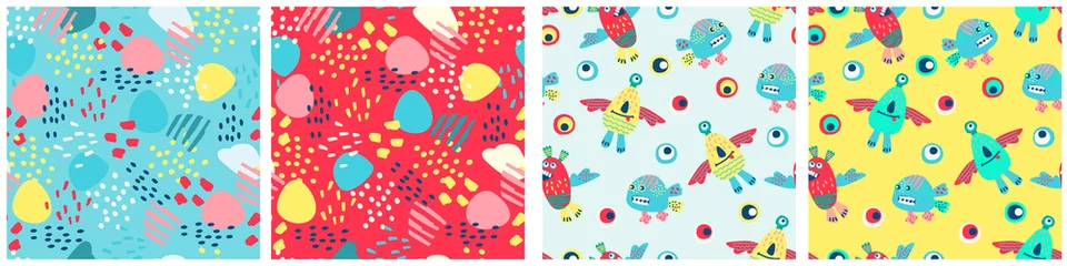 Poster Seamless patterns set with hand drawn funny monsters. Cheerful wallpaper for children, background for kids stationery © Blooming Sally